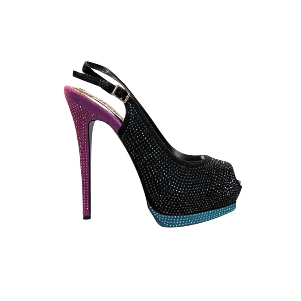 Steve Madden Masqraid Rhinestone Platform Peep Toe Slingback Heels Black 7.5M
